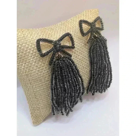 Serra Black with GoldTone backing Sead Beed Bow Design Tassel Earrings - Picture 2 of 4